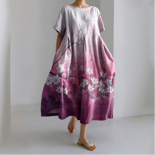 Japanese Art Round Neck Sakura Gradient Print Linen Blend Dress