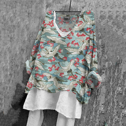 Japanese Art Sakura Crane Print V-Neck Blouse