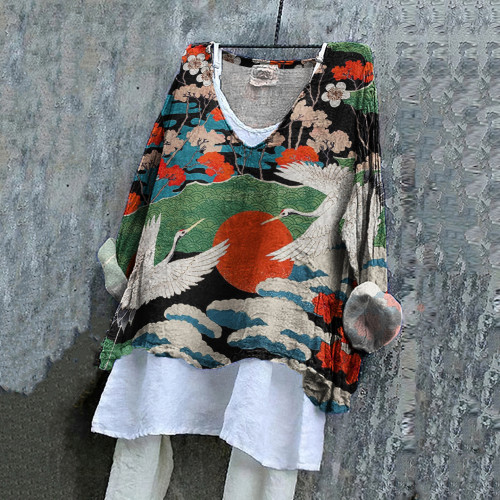 Japanese Art Sakura Crane Print V-Neck Blouse