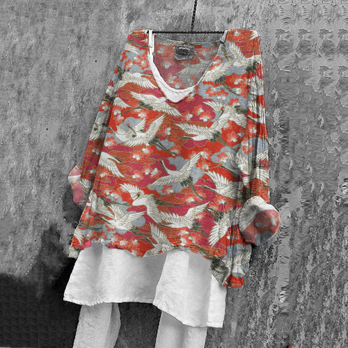 Japanese Art Sakura Crane Print V-Neck Linen Blend Casual Blouse