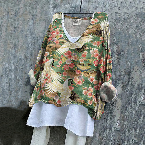 Japanese Art Sakura Crane Print V-Neck Loose Blouse