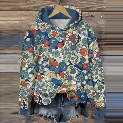 Japanese Art Sakura Print Casual Hoodie