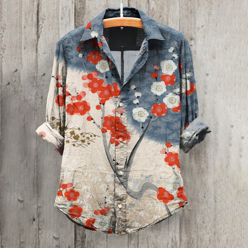 Japanese Art Sakura Print Casual Shirt