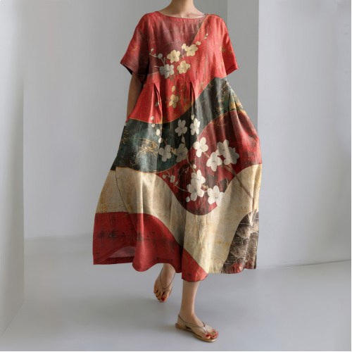 Japanese Art Sakura Print Color Block Crew Neck Linen Blend Dress