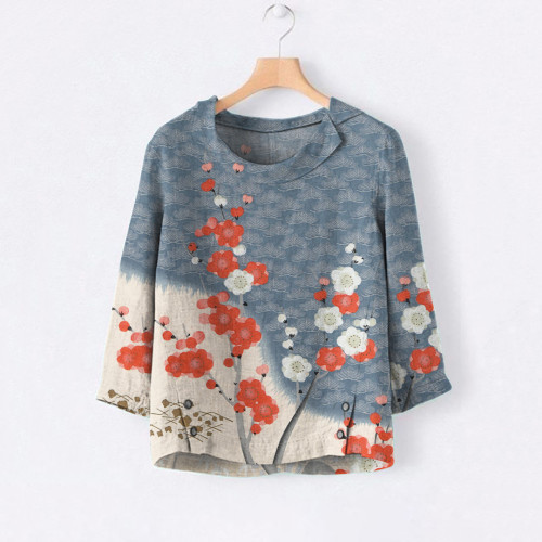 Japanese Art Sakura Print Lapel Blouse