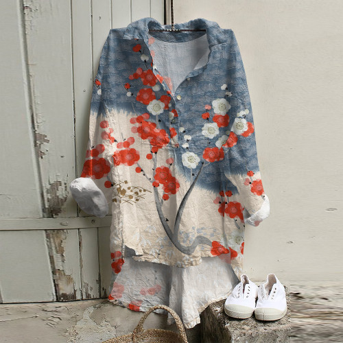 Japanese Art Sakura Print Long Sleeve Casual Shirt