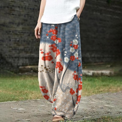 Japanese Art Sakura Print Loose Casual Pants