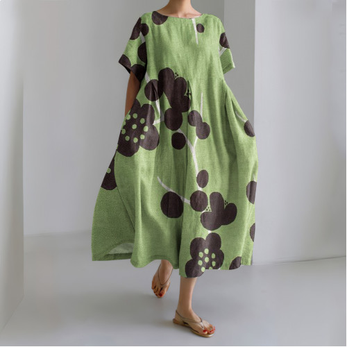 Japanese Art Sakura Print Round Neck Loose Midi Dress