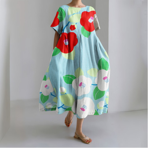 Japanese Art Sakura Print Round Neck Loose Midi Dress