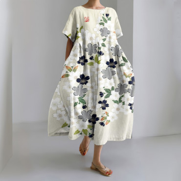 Japanese Art Sakura Print Round Neck Short Sleeve Midi Dress