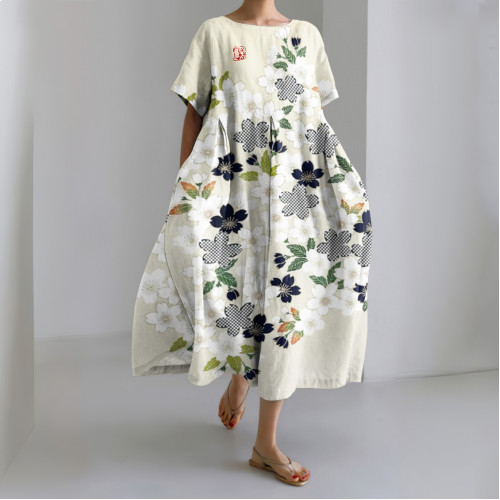 Japanese Art Sakura Print Round Neck Short Sleeve Midi Dress