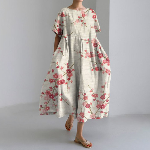 Japanese Art Sakura Print Short Sleeve Loose Midi Dress