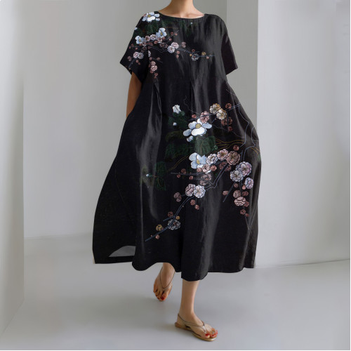 Japanese Art Sakura Print Short Sleeve Loose Midi Dress