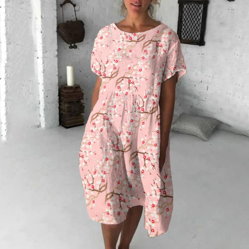 Japanese Art Sakura Print Short Sleeve Loose Midi Dress