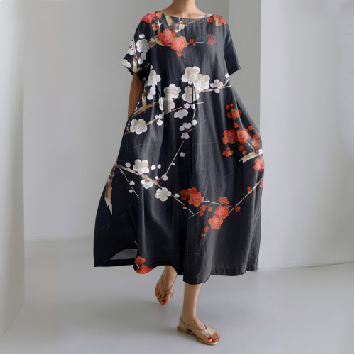 Japanese Art Sakura Print Short Sleeve Midi Dress