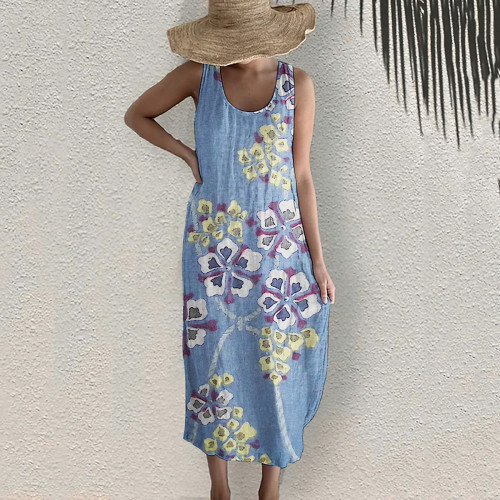 Japanese Art Sakura Print Sleeveless Midi Dress