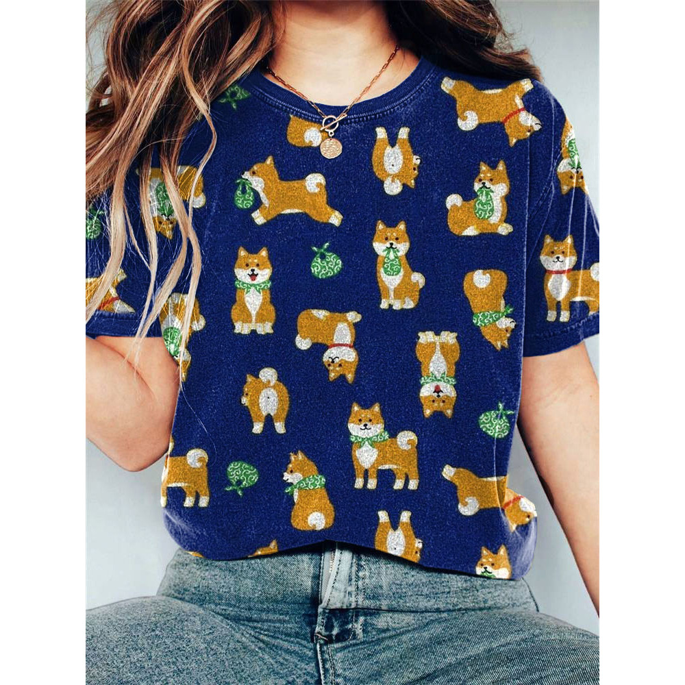 Japanese Art Shiba Inu Dog Print Casual Vintage T-Shirt