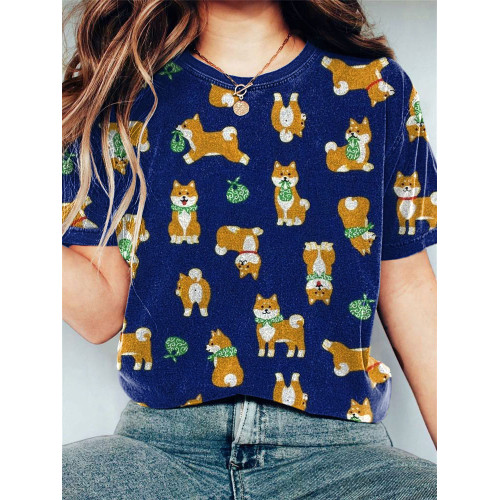 Japanese Art Shiba Inu Dog Print Casual Vintage T-Shirt
