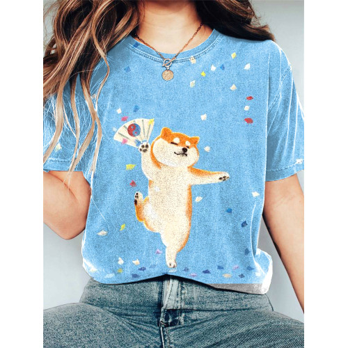 Japanese Art Shiba Inu Pet Dog Print Casual Cotton T-Shirt