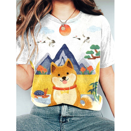 Japanese Art Shiba Inu Pet Dog Print Casual Cotton T-Shirt