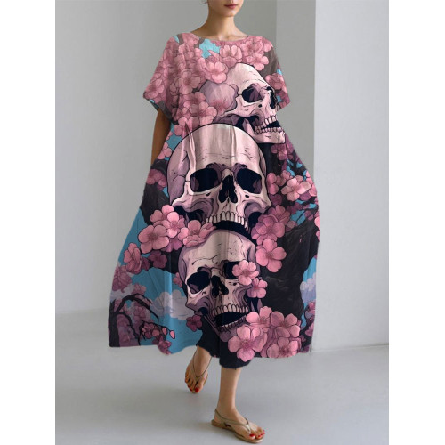 Japanese Art Skull Head Cherry Blossom Print Cotton Blend Dress
