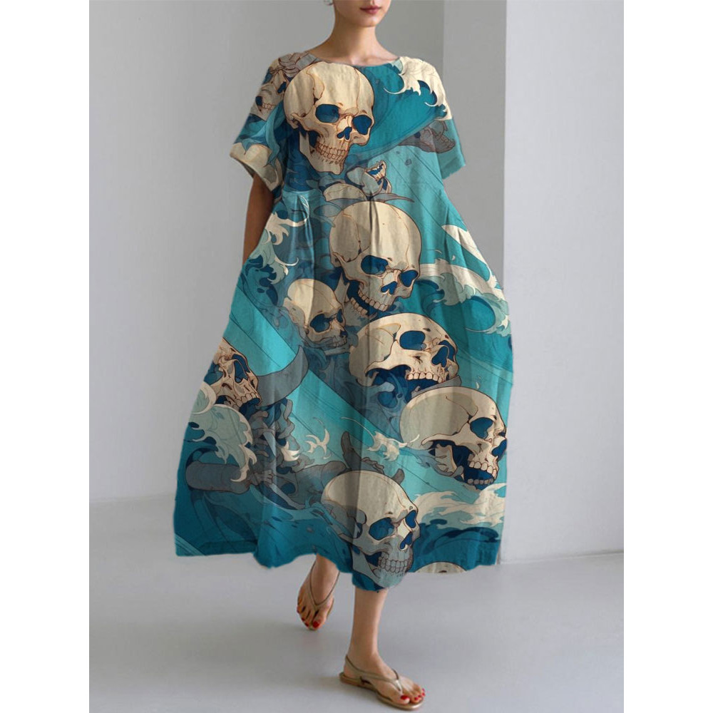 Japanese Art Skull Head Ocean Print Cotton Blend Dress