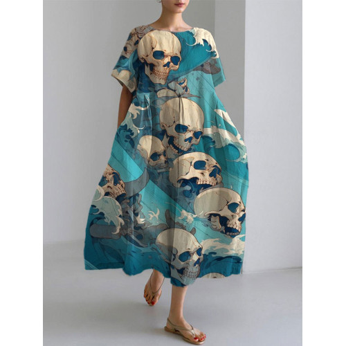 Japanese Art Skull Head Ocean Print Cotton Blend Dress