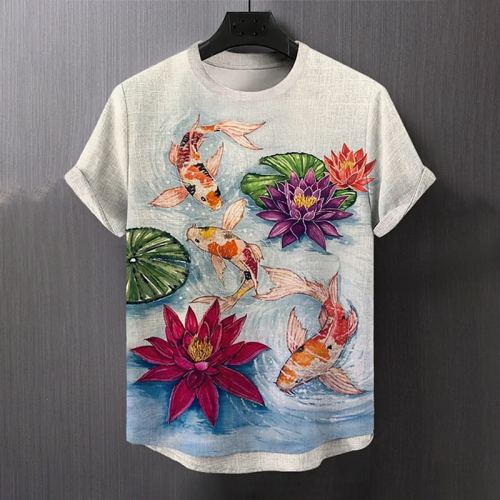 Japanese Art Summer Goldfish Ripple Flower Lotus Leaf Art Print Short Sleeve T-Shirt