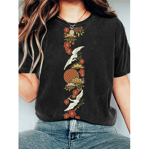 Japanese Art Traditional Pattern Print Casual Cotton T-Shirt