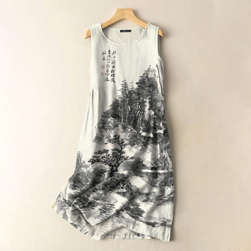 Japanese Art Vintage Ink Pine Print Sleeveless Cotton And Linen Midi Dress