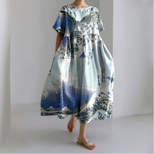 Japanese Art Wave Chiyogami Painting Print Linen Blend Dress
