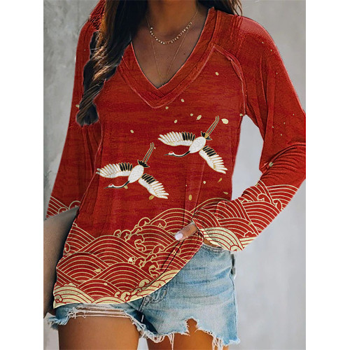 Japanese Art Waves Print Casual V-Neck Long Sleeve T-Shirt