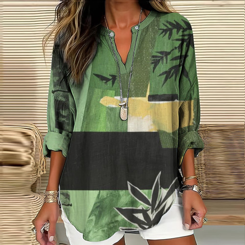Japanese Artistic Bamboo Stitching Print V-Neck Loose Blouse