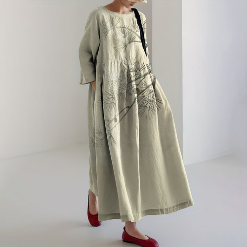 Japanese Bamboo Art Linen Blend Maxi Dress