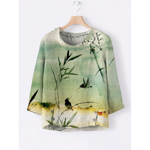 Japanese Bamboo & Bird Print Linen Lapel Shirt