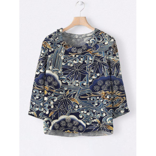 Japanese Bamboo & Floral Print Linen Lapel Shirt