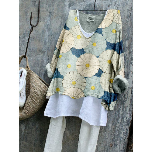Japanese Boho Flowers Art Linen Blend Flowy Tunic