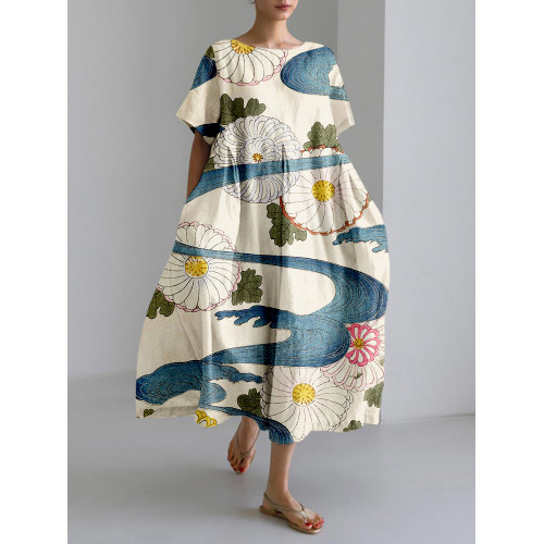 Japanese Boho Flowers Art Linen Blend Maxi Dress