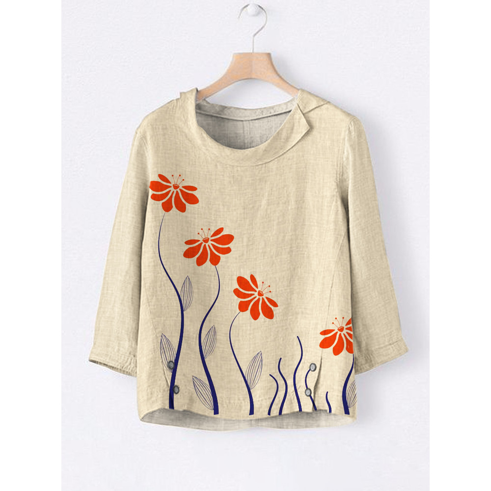 Japanese Botanical Floral Pattern Linen Lapel Shirt