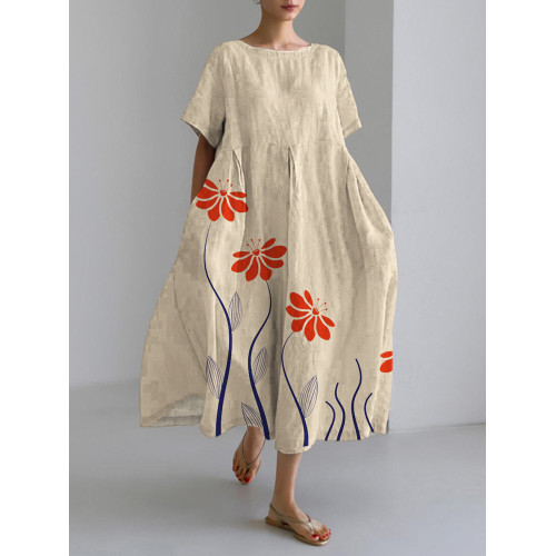 Japanese Botanical Floral Pattern Linen Maxi Dress