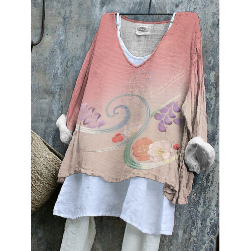 Japanese Botanical Floral Pink Gradient Embroidery Pattern Linen Blend Tunic