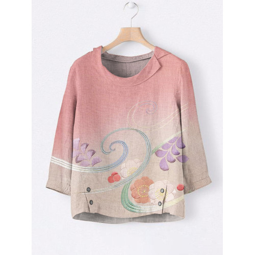 Japanese Botanical Floral Pink Gradient Embroidery Pattern Women's Linen Lapel Top