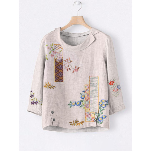 Japanese Botanical Flower Embroidery Pattern Women's Linen Lapel Shirt