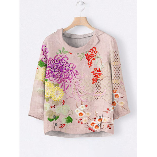 Japanese Botanical Flower Embroidery Pattern Women's Linen Lapel Shirt