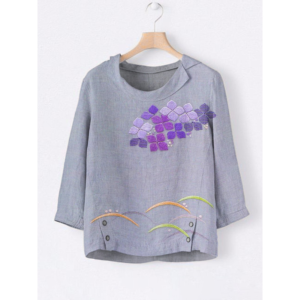 Japanese Botanical Flower Embroidery Pattern Women's Linen Lapel Top