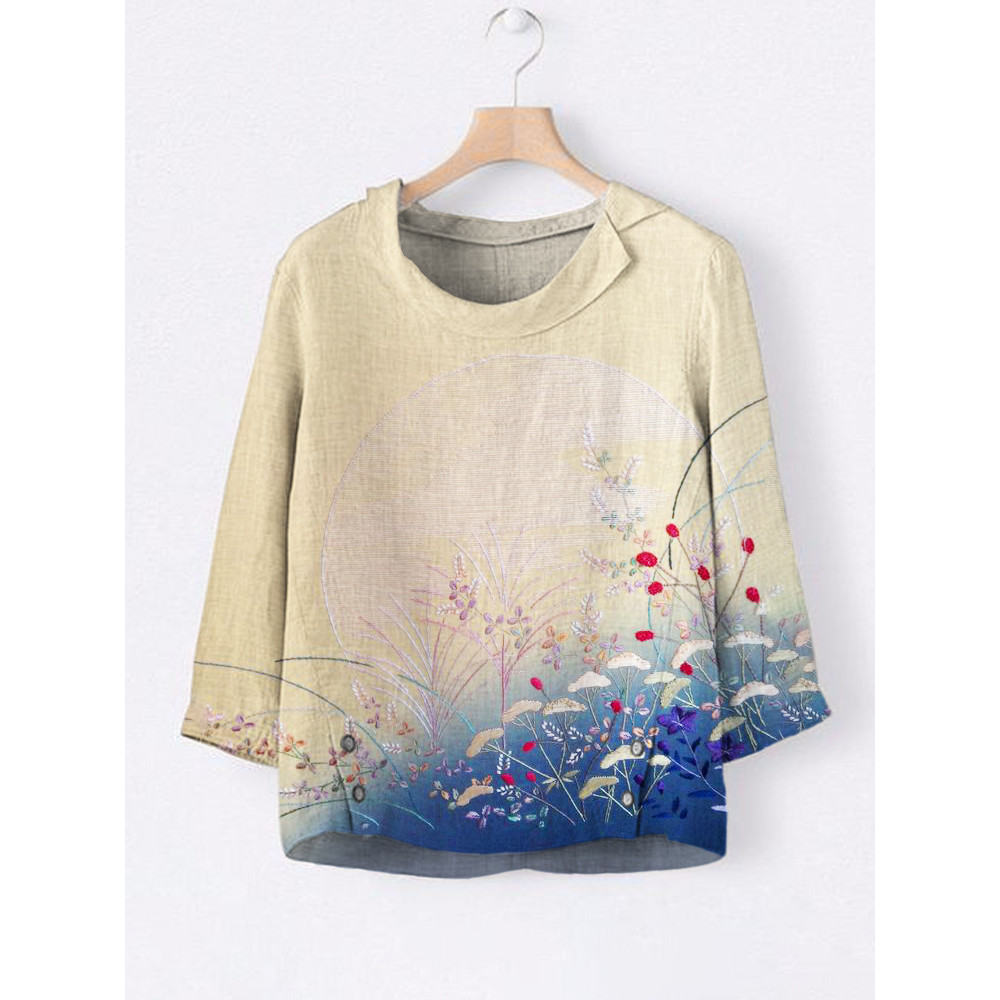 Japanese Botanical Flower Gradient Embroidery Pattern Women's Linen Lapel Top
