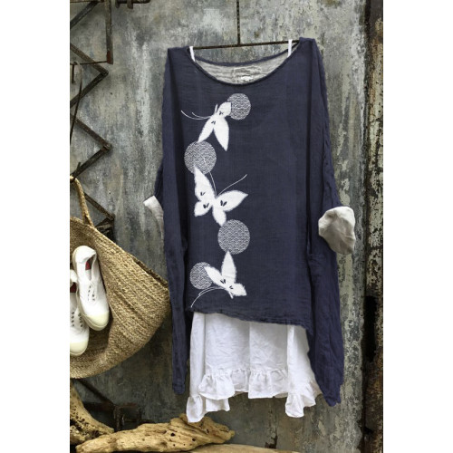 Japanese Butterfly & Wave Print Linen Loose Long Shirt