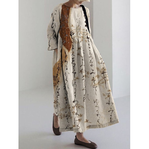 Japanese Calligraphy Art Linen Blend Maxi Dress