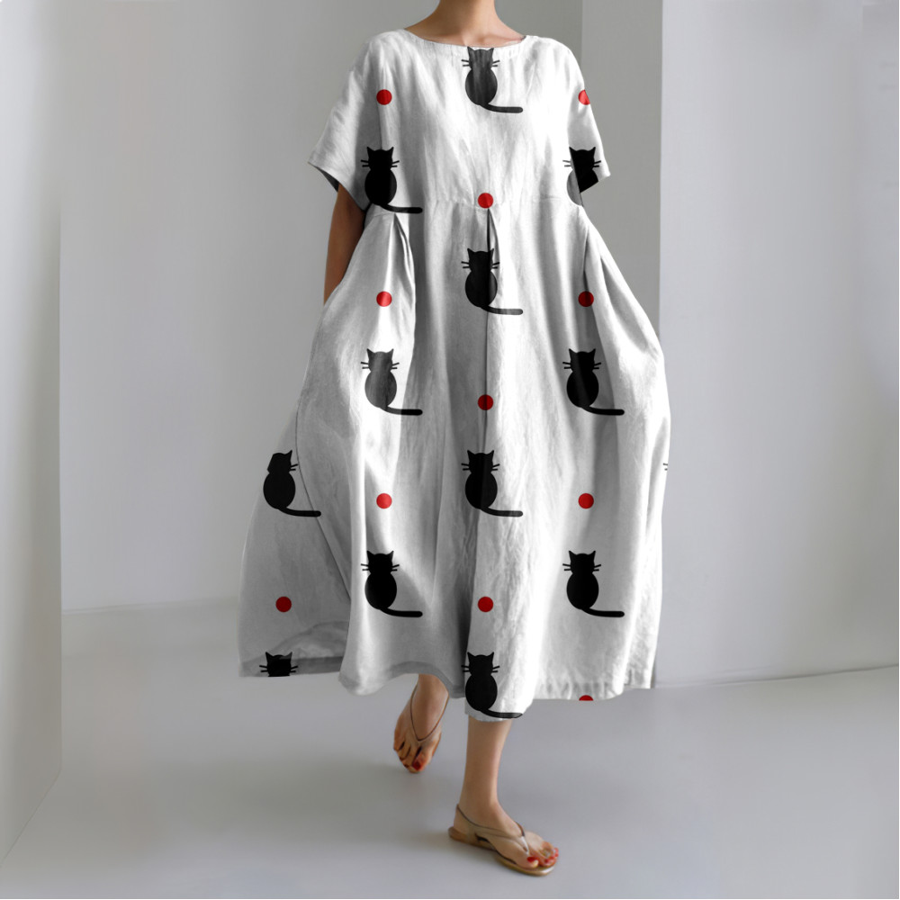 Japanese Cat Art Pattern Linen Blend Dress