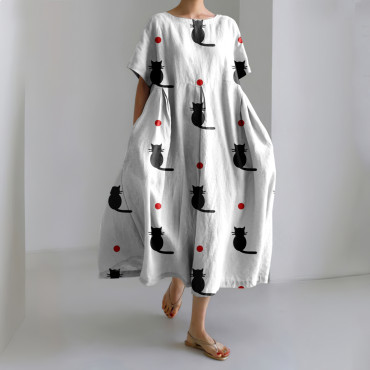 Japanese Cat Art Pattern Linen Blend Dress